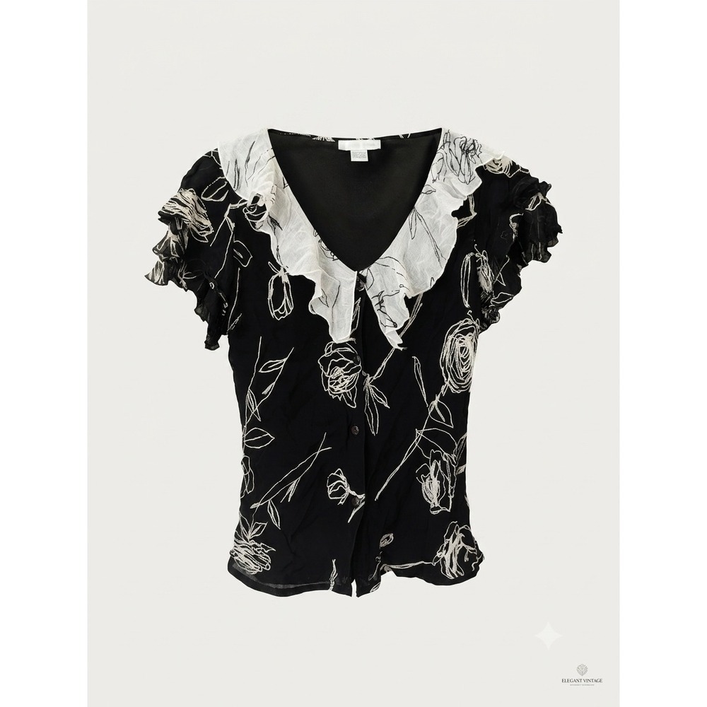 Vintage Papell Floral Ruffle Blouse Black V-Neck Whimsigoth 90 Phoebe Buffay